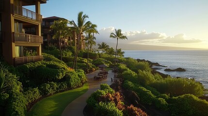 Aerial view of a scenic pathway guiding towards a resort, with a stunning beach visible in the background, inviting relaxation and exploration.