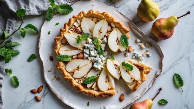 Gourmet Puff Pastry Tart with Pears Almond Mint and Blue Cheese on Marble Table Top View with Space for Text and Copy Space