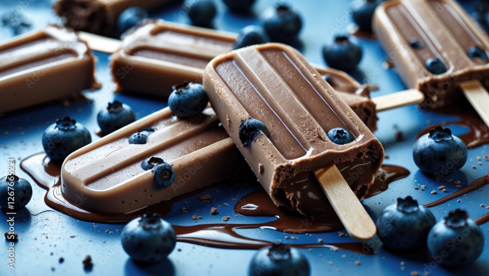 Poster chocolate ice cream popsicles topped with blueberries on a blue background with ample space for text