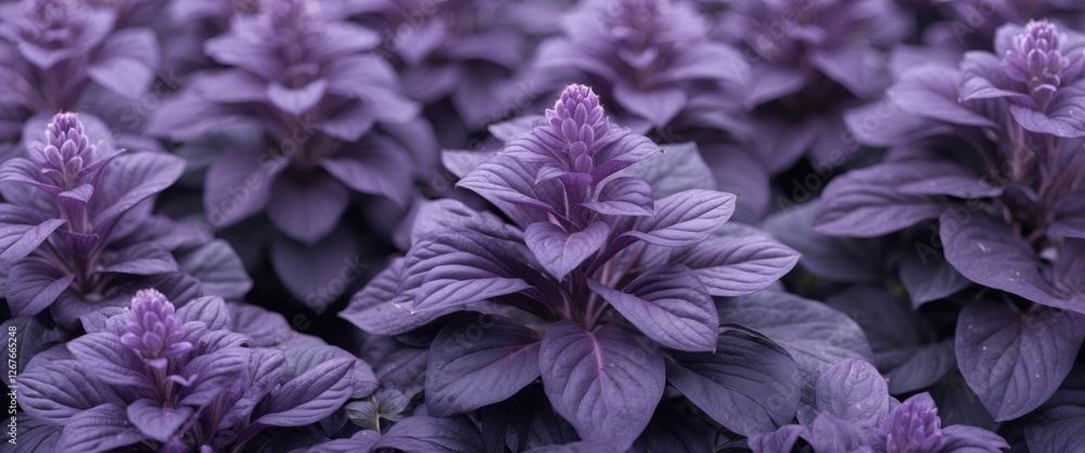 Poster close-up of vibrant purple hybrid plants with lush foliage and ample empty space for adding text or 