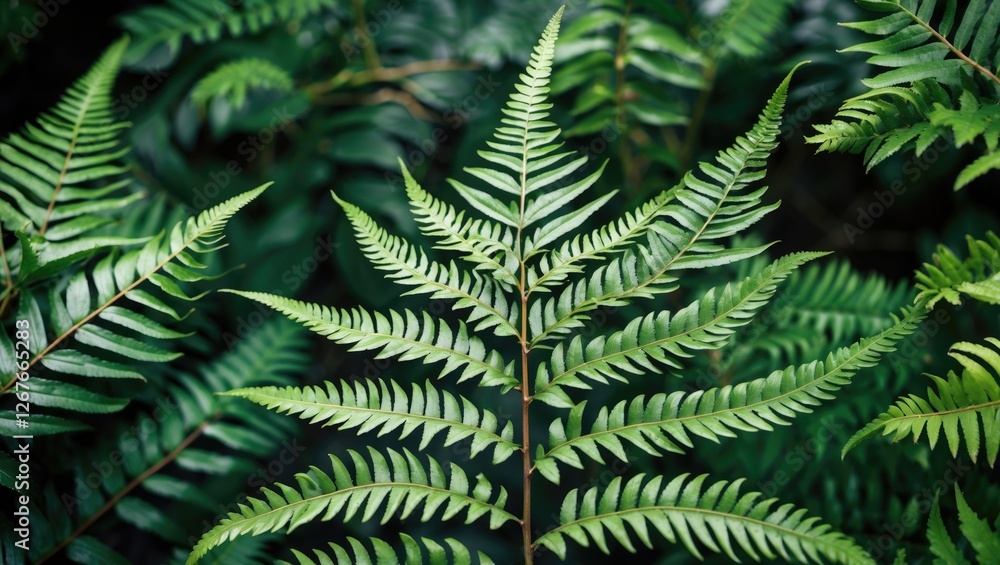 Poster close up of vibrant fern leaves in a garden setting showcasing intricate details and textures with s