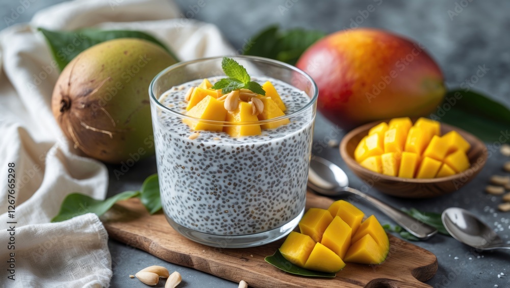 Wall mural Chia Seed Pudding with Mango and Coconut Milk Healthy Vegan Dessert and Breakfast Concept with Fresh Ingredients and Natural Presentation