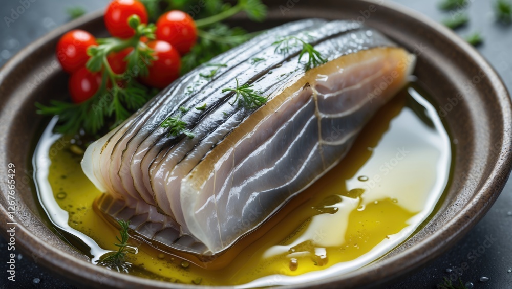 Wall mural Close up of herring fillet garnished with herbs and cherry tomatoes in a rich olive oil setting on a dark background