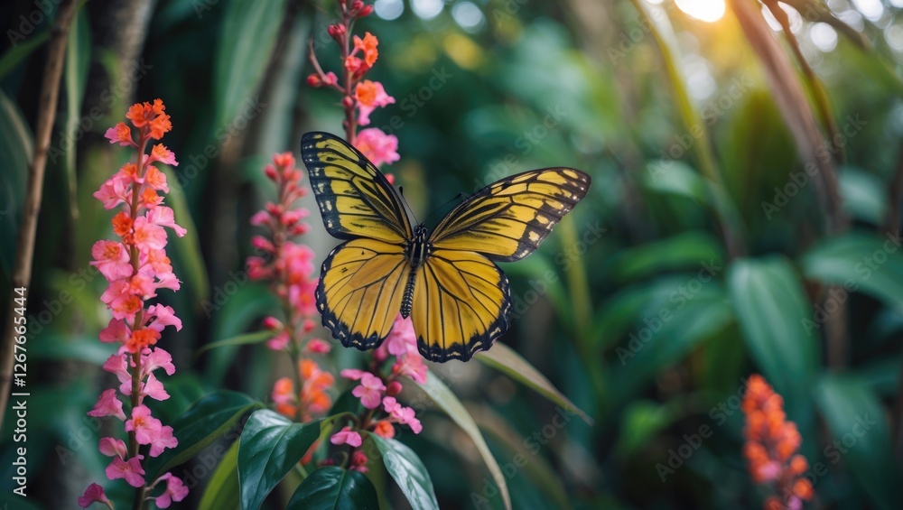 Poster Vibrant yellow butterfly perched on pink flowers in a lush jungle setting with soft focus empty space for text or design integration.