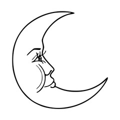 a black and white drawing of a cartoon crescent with face