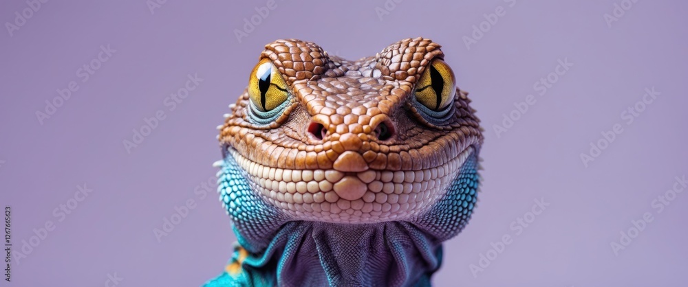 Poster macro portrait of colorful reptile lizard against pastel purple background with copy space for text 