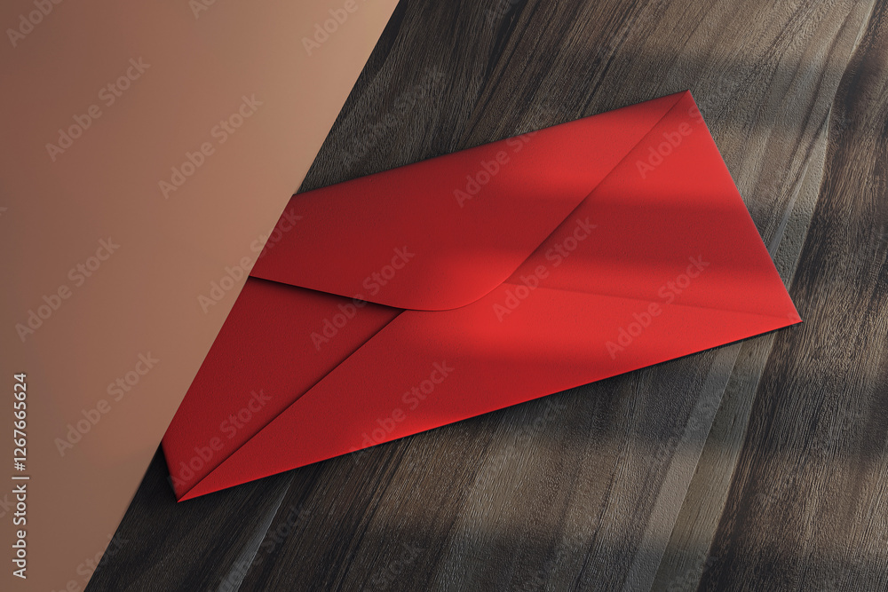 Poster Red envelope placed under a door on a wooden floor, illuminated by soft light, representing communication or message delivery. 3D Rendering