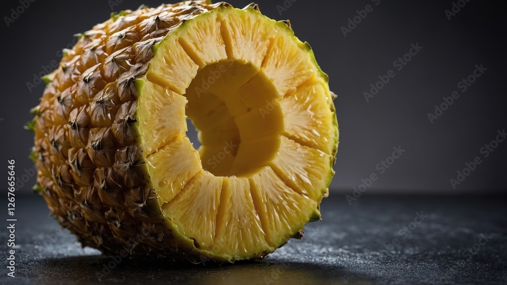 Poster close up view of freshly peeled pineapple on dark background with focus on intricate texture and jui