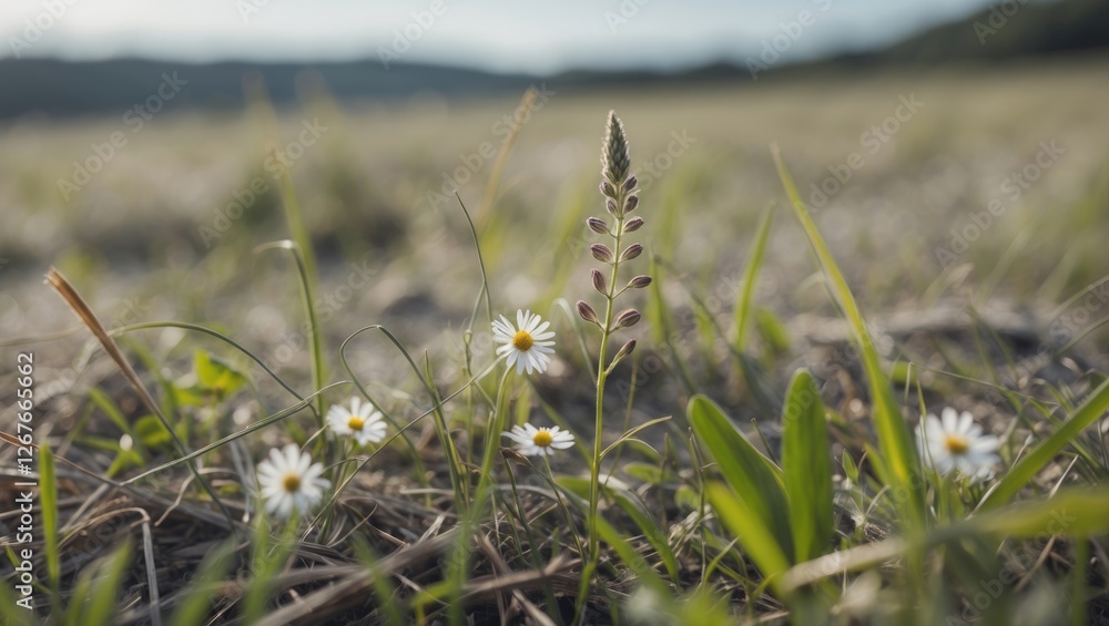 Poster close up view of wild grass and small white flowers in a natural open field with soft focus and spac
