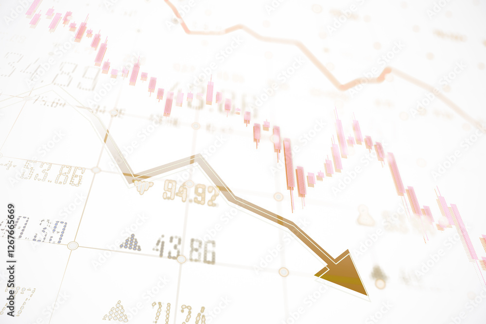 Poster financial market collapse with downward arrow and declining chart. 3d rendering