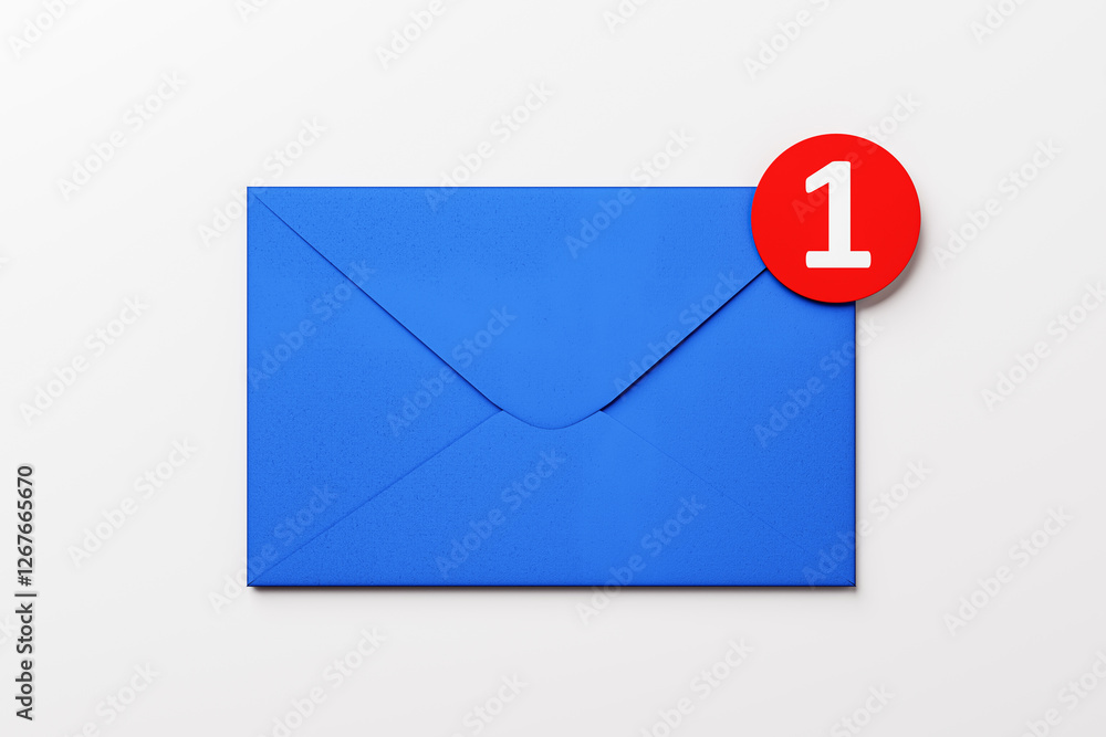 Poster blue envelope with red notification badge on white background. 3d rendering