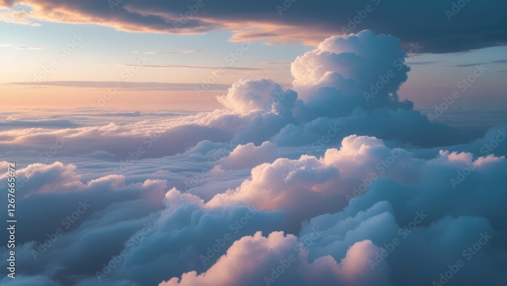 Poster serene pastel cloudscape with soft billowing clouds against a twilight sky creating an abstract and 