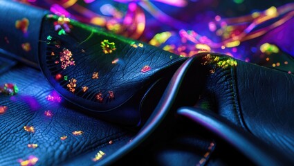 Vivid closeup of textured black leather with colorful reflections and sparkles creating a dynamic visual effect on the surface