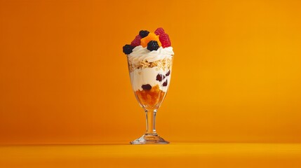 Delicious dessert parfait with layers of creamy topping, crunchy flakes, and fresh berries. A vibrant treat!