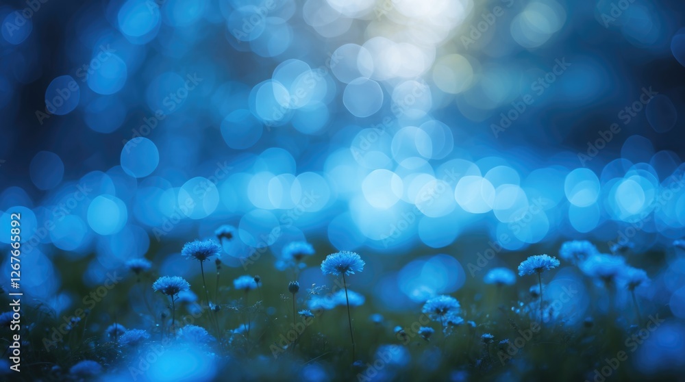 Poster dreamy blue bokeh abstract background with delicate white flowers creating a serene nature scene fil