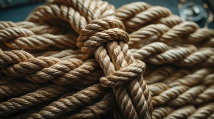 Fototapeta premium Braided thick hemp rope arranged in a skein for decorative design with a background of additional fishing rope elements.