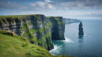 Cliffs of Moher Majestic Coastal Landscape Featuring Scenic Cliffs and Towering Rock Formation Against a Clear Blue Sky