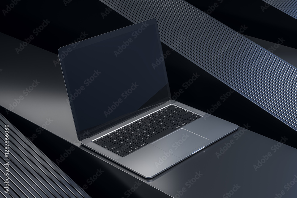 Poster sleek modern laptop with black screen on a stylish dark abstract background. 3d rendering