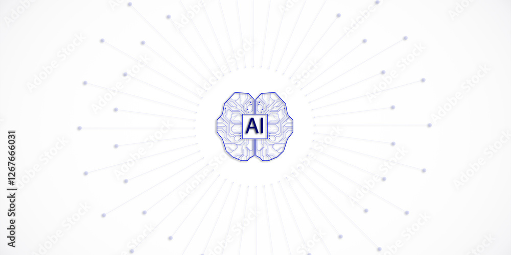 Poster AI technology concept with neural network connections and digital brain symbol. 3D Rendering