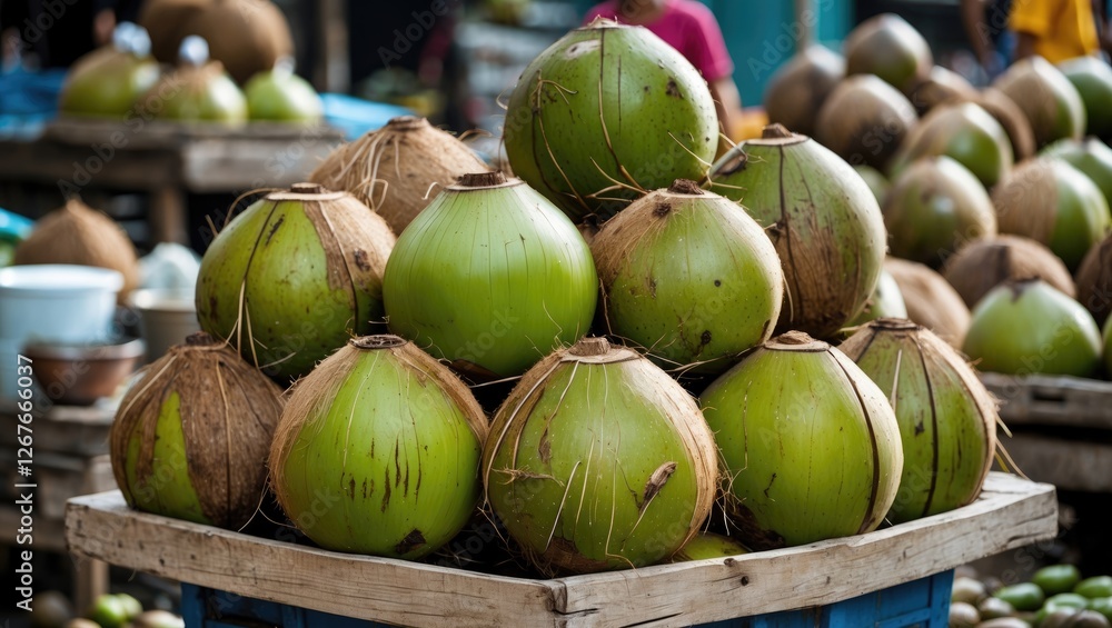 Poster Fresh Green Coconuts Stacked at a Local Market with Space for Text and Natural Background Elements