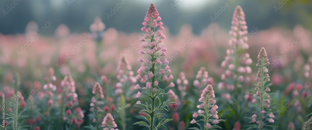 Poster close-up of vibrant calluna vulgaris flowers in bloom with soft blurred background and ample space f
