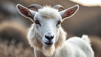 Obraz premium Closeup of a white goat with beautiful beard and expressive eyes against a blurred natural background showcasing rural charm and wildlife.