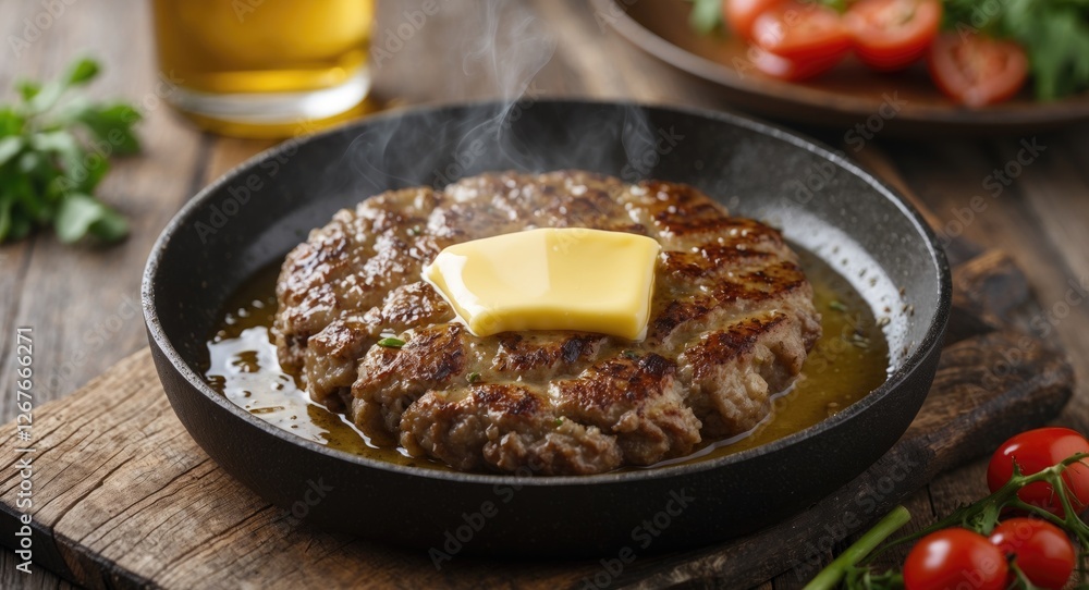 Aufkleber juicy burger patty frying in butter with melted butter slice and empty space for text on rustic wood