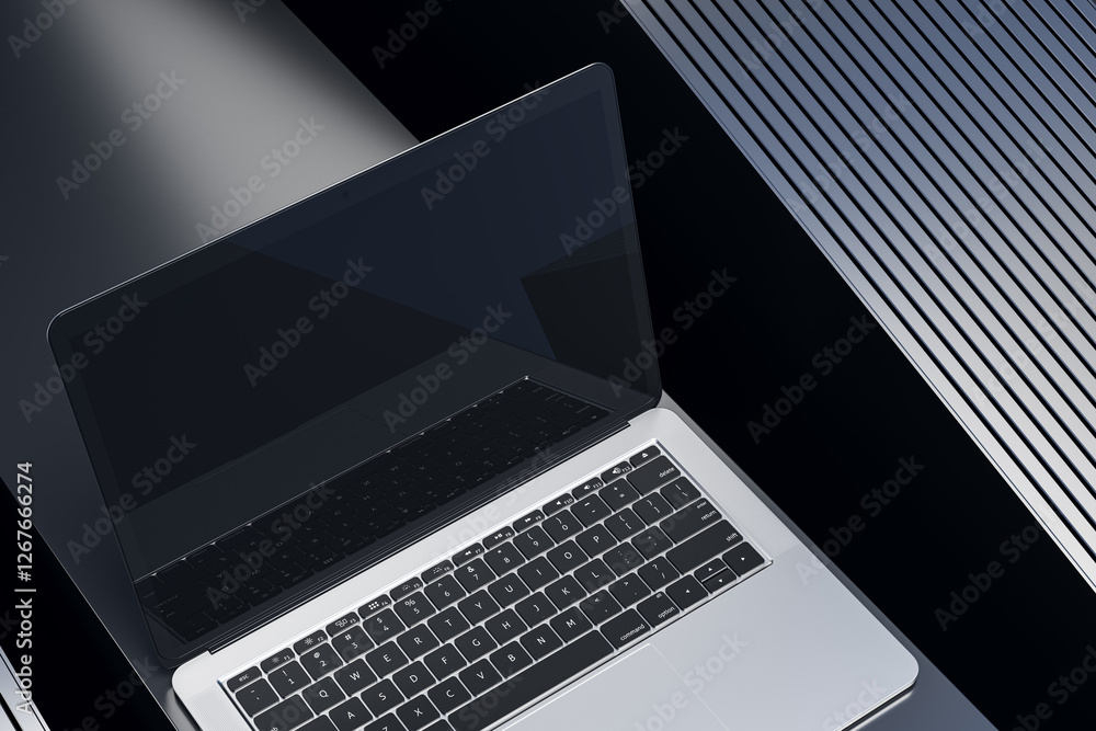 Poster Modern laptop with sleek black keyboard and reflective screen on a dark metallic surface. 3D Rendering