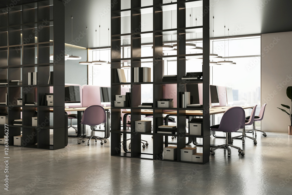 Poster modern office interior with black shelving and open workspace. 3d rendering