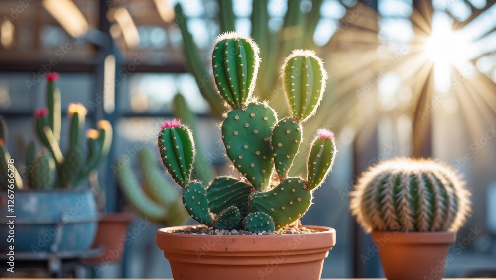 Aufkleber cactus in a terracotta pot illuminated by sun rays with other cacti in the background creating a ser
