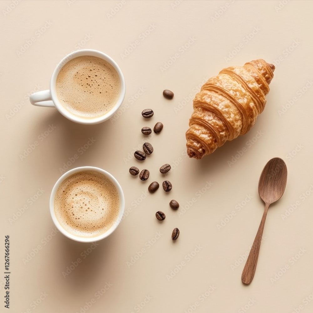Poster coffee and croissant flat lay arrangement with coffee beans and wooden spoon on a neutral background