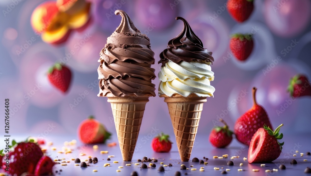 Poster delicious chocolate and vanilla soft serve ice cream cones surrounded by fresh strawberries and colo
