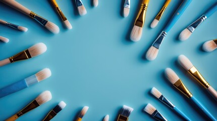 Obraz premium Artistic brushes arranged on a light blue background creating a vibrant education-themed pattern for creative projects and design purposes.