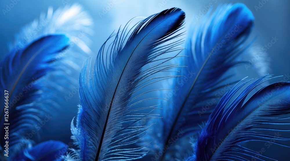 Poster vibrant blue feathers creating an elegant abstract background with soft lighting and intricate detai