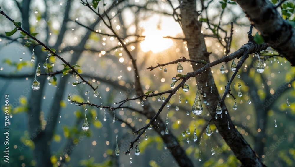 Poster morning sunlight illuminating water droplets on tree branches with a soft bokeh background and space