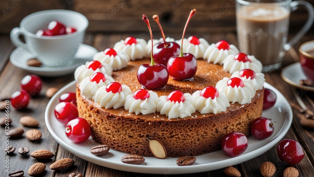 Canvas Prints Delicious Almond Cake Topped with Cream and Cherries Served on a White Plate with Coffee on a Rustic Wooden Table Background