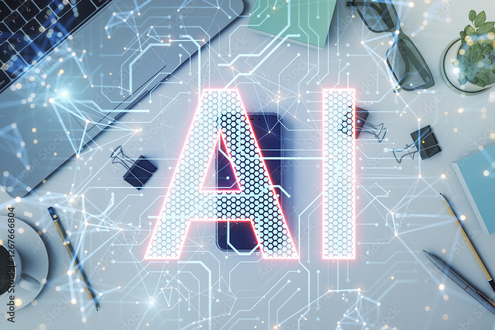 Poster ai digital concept with futuristic network on office desk.