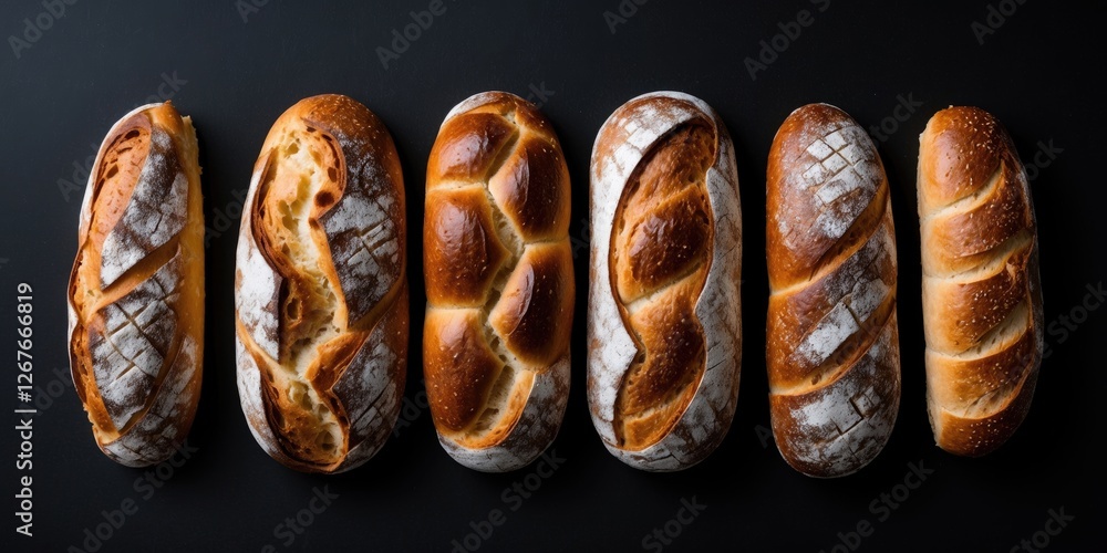 Poster artisan breads variety isolated on black background with space for text design element