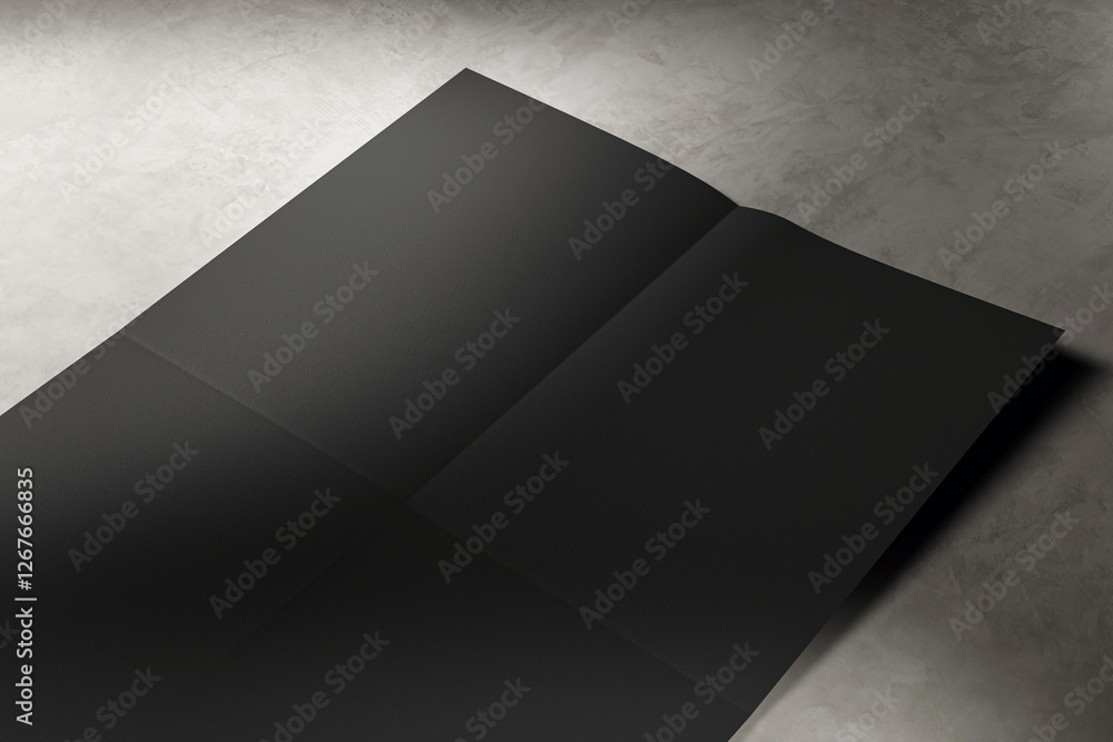 Poster Black folded paper mockup on concrete floor with soft light and shadow. 3D Rendering