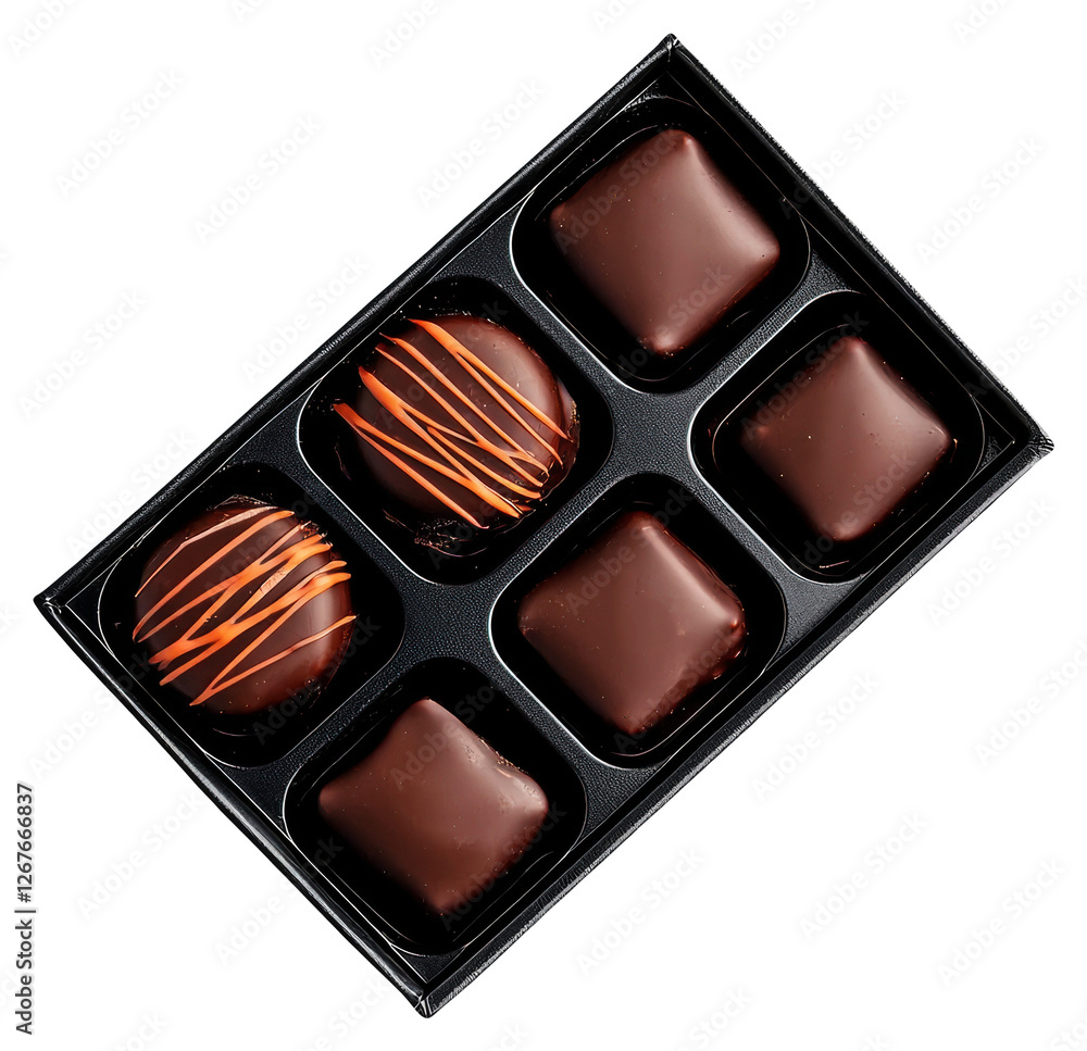 Poster assorted dark chocolates in clear tray with transparent background round and square shape