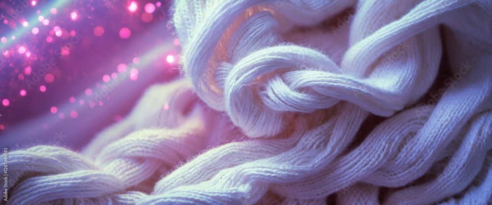 Aufkleber close up of a textured white knitted sweater with soft fibers and a dreamy bokeh background creating