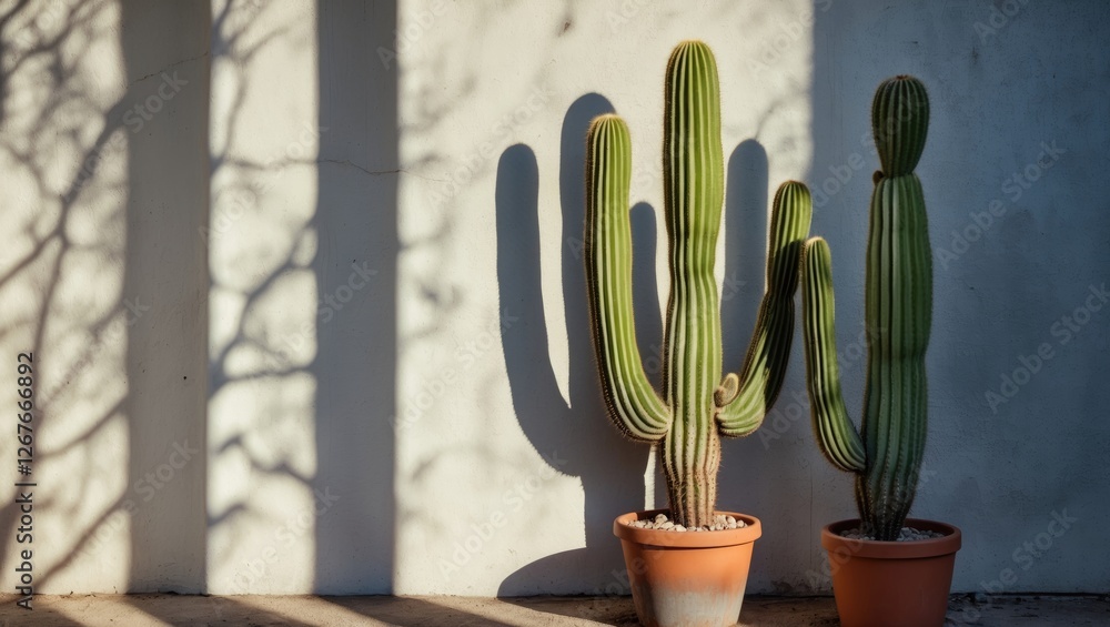 Poster cactus plants casting shadows on a wall illuminated by natural light with ample space for text or de