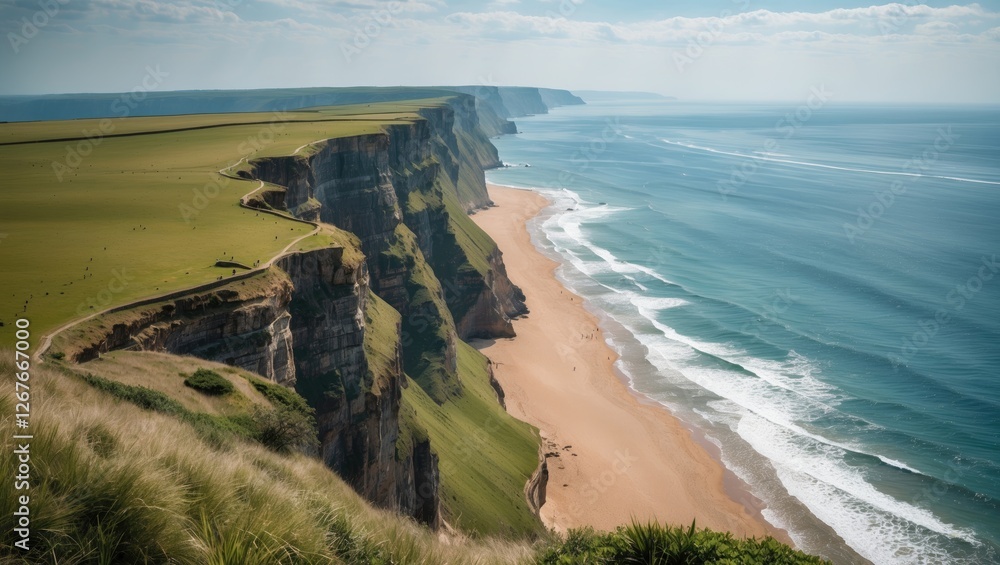 Poster cliffside view of sea and sandy beaches with open space for text and advertising elements