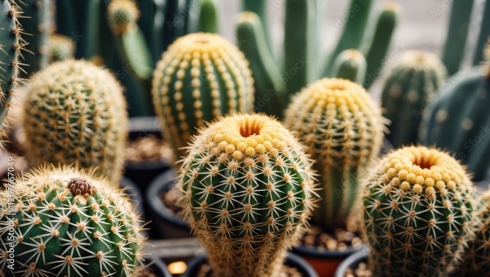 Poster close-up of vibrant golden ball cactus surrounded by greenery with space for copy or text in a natur