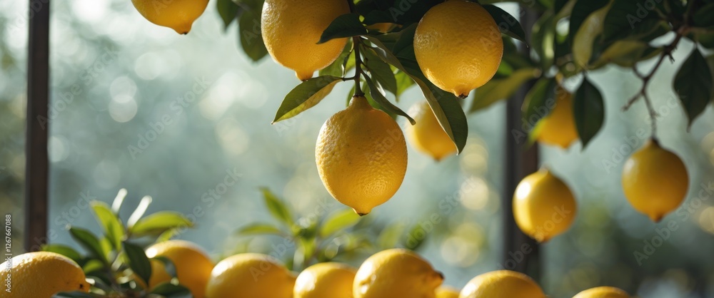 Poster lush lemon tree with ripe fruits under soft sunlight and empty space for text in a natural setting