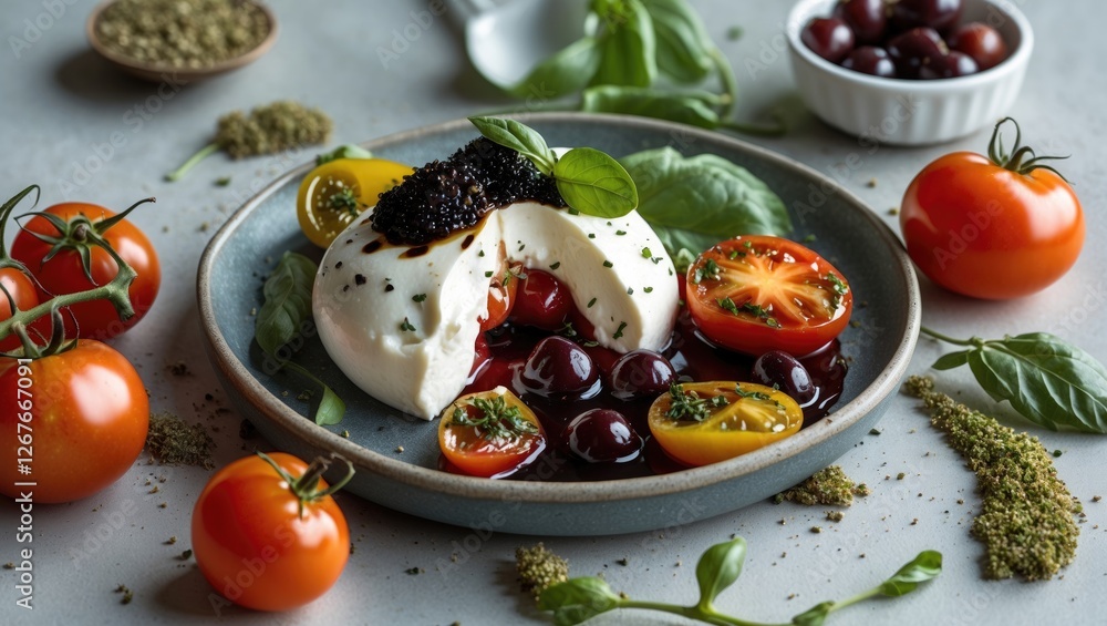 Poster burrata with heirloom tomatoes and balsamic caviar on plate surrounded by fresh ingredients and empt