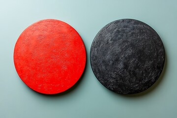 Two circular art pieces, one red and one black, displayed against a soft blue background