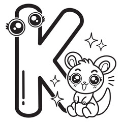 Learning card alphabet. Letter K. Cute cartoon illustrations. Coloring page