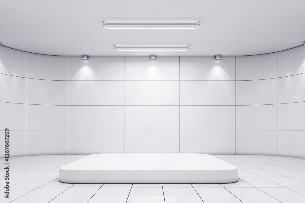 Poster minimalist white exhibition room with empty podium for product display. 3d rendering