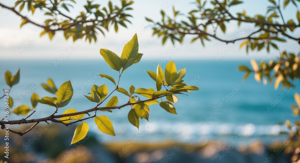 Poster serene coastal view framed by lush green branches with soft waves in the distant background and brig